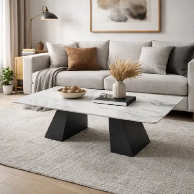 Modern White Ceramic Coffee Table with Black Architectural Legs