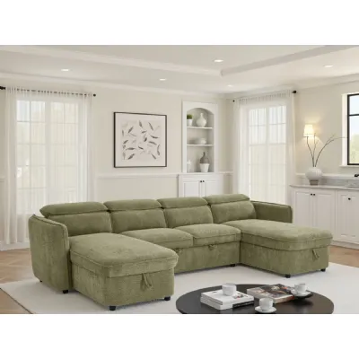 Green Fabric Large U Shape Corner Chaise Sofa Bed Headrests