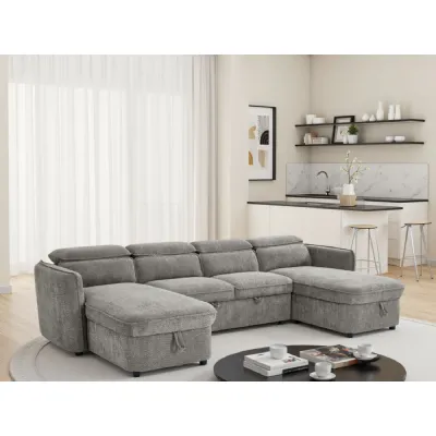 Grey Textured Fabric Large U Shape Corner Sofa Bed