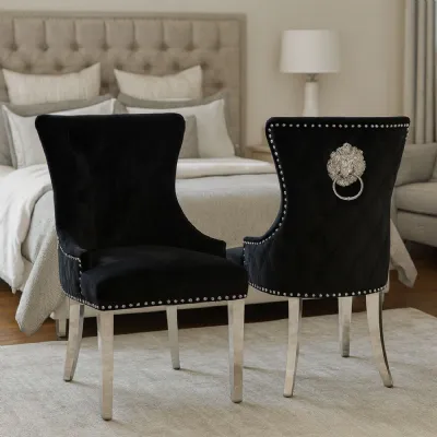 Modern Black Velvet Upholstered Dining Chair with Lion Knocker and Chrome Legs