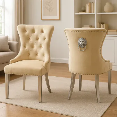 Luxury Cream Velvet Dining Chair with Lion Knocker and Chrome Legs