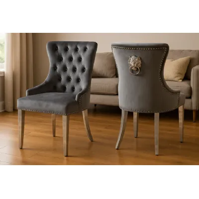 Luxury Dark Grey Velvet Dining Chair with Lion Knocker and Chrome Legs