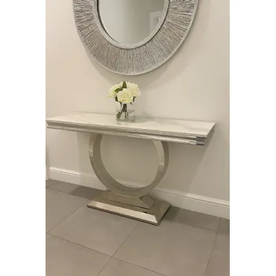 Luxury White Marble Effect 1.2m Console Table with Chrome Circular Pedestal Base