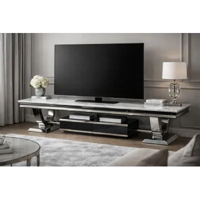Modern 1.4m Grey Marble TV Stand with Chrome Legs
