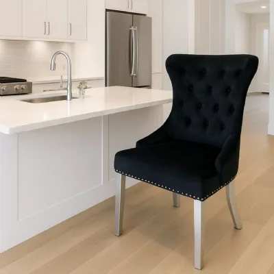 Luxury Black Velvet Dining Chair with Ring Knocker and Chrome Legs