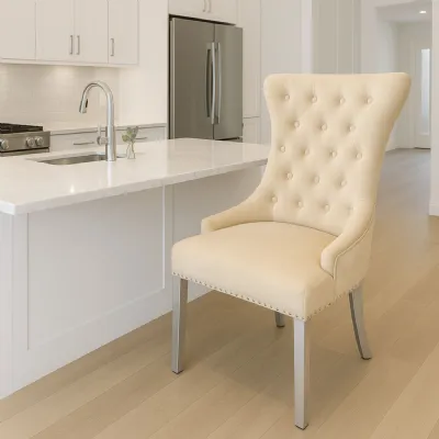 Modern Cream Velvet Upholstered Dining Chair with Ring Knocker and Chrome Legs