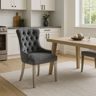Modern Dark Grey Velvet Upholstered Dining Chair with Ring Knocker and Chrome Legs