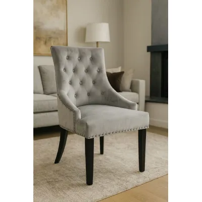 Modern Dark Grey Velvet Upholstered Dining Chair with Black Ring Knocker