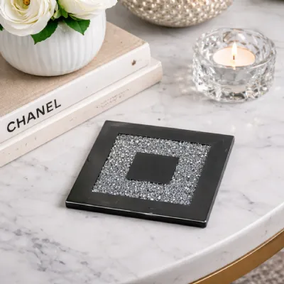 Set of 12 Modern Black Mirrored Crushed Diamond Coasters
