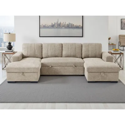 Beige Fabric Large U Shape Corner Chaise Sofa Bed