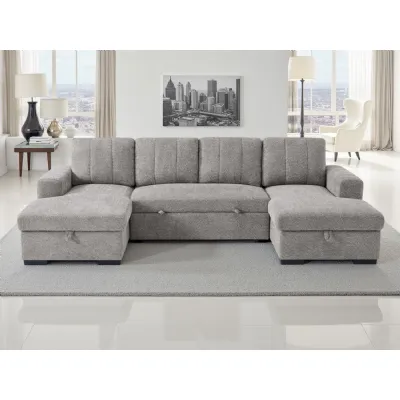 Grey Textured Fabric Large U Shape Corner Sofa Bed