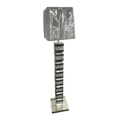 Mirrored Floor Lamp with Crushed Diamond Geometric Block Column and Grey Shade