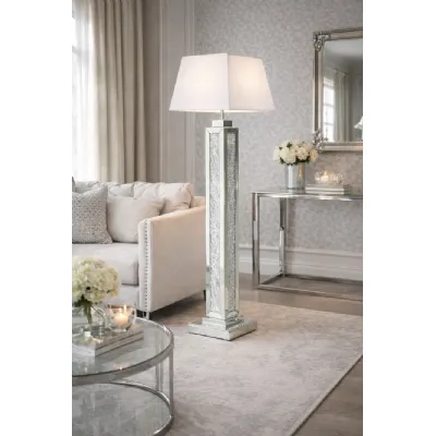 Mirrored Floor Lamp with Crushed Diamond Column and Grey Fabric Shade