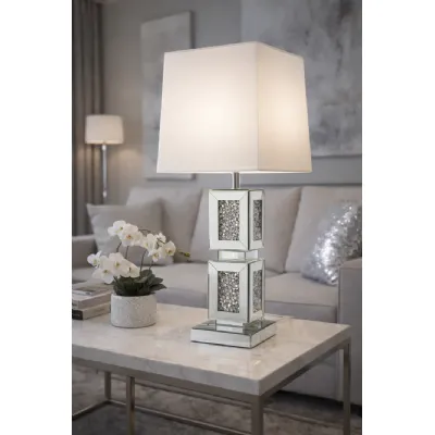 Mirrored Crushed Diamond Block Table Lamp with White Shade