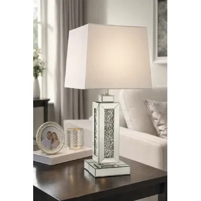 Mirrored Crushed Diamond Table Lamp with White Fabric Shade