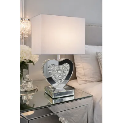 Mirrored Heart Table Lamp with Crushed Diamond Centre and White Shade