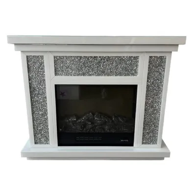 Modern White Electric Fireplace with Silver Crushed Diamond Surround