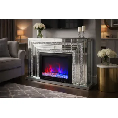Silver Mirrored Fireplace Surround with Crystal and Colour Changing Electric Fire