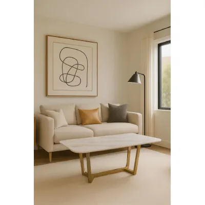 White Marble Effect Ceramic Coffee Table with Gold Angular Metal Base