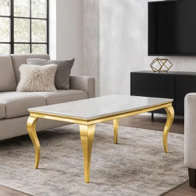 Luxury White Marble Effect Coffee Table with Gold Italian Style Frame