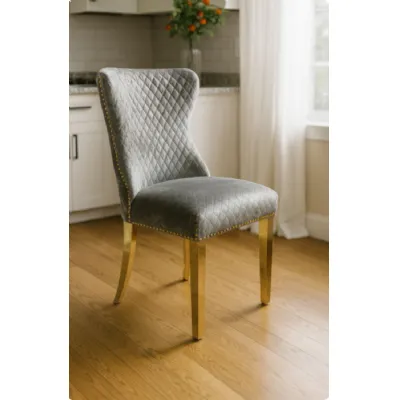 Luxury Light Grey Shimmer Velvet Dining Chair with Lion Knocker and Gold Legs