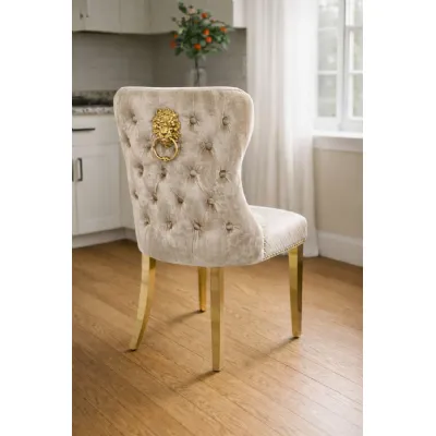 Modern Mink Velvet Dining Chair with Lion Knocker and Gold Legs