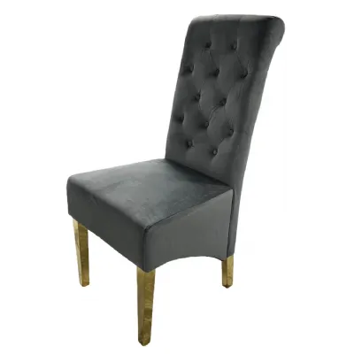 Luxury Dark Grey Velvet Dining Chair with Gold Ring Knocker and Gold Legs