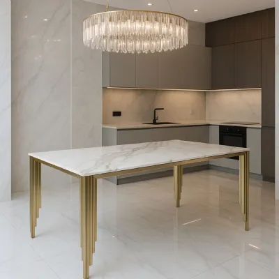 Luxury White Marble Effect 1.8m Dining Table with Gold Art Deco Metal Legs