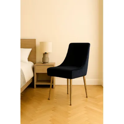 Modern Black Velvet Dining Chair with Ribbed Back and Gold Metal Legs
