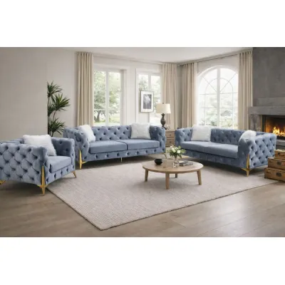Modern Grey Shimmer Velvet 6 Seater Sofa Set with Gold Legs