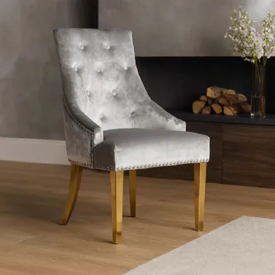Luxury Silver Grey Shimmer Velvet Dining Chair with Lion Knocker and Gold Legs