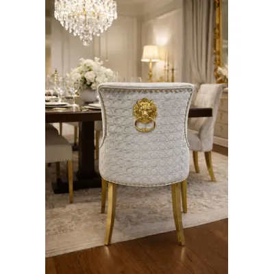 Modern Silver Grey Velvet Dining Chair with Lion Knocker and Gold Legs