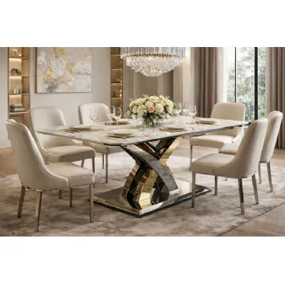 Luxury Cream Marble Effect 180cm Rectangular Dining Table with Chrome and Gold Cross Base
