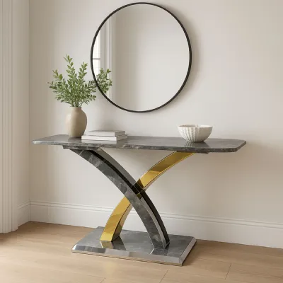 Luxury Grey Marble Effect Console Table with Silver and Gold Cross Pedestal Base