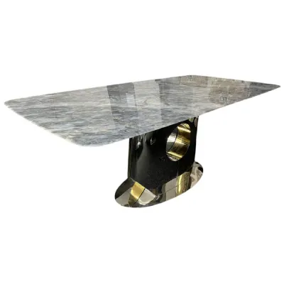 Luxury Grey Marble 2m Dining Table with Chrome and Gold Block Pedestal Base