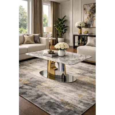 Modern Grey Marble Effect Coffee Table with Gold and Silver Metal Pedestal Base