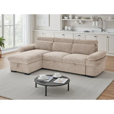 Beige Fabric Universal Corner Sofabed with Adjustable Arms