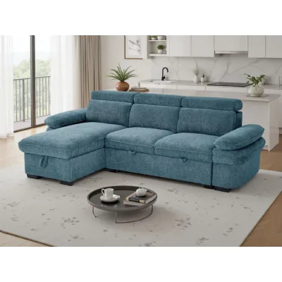 Blue Textured Fabric Corner Chaise Sofa Bed Adjustable Arms