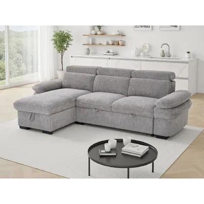 Grey Textured Fabric Corner Chaise Sofa Bed Adjustable Arms
