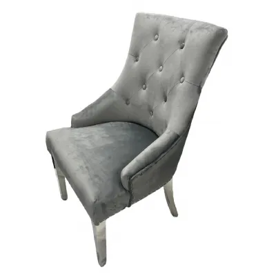 Modern Dark Grey Velvet Dining Chair with Ring Knocker and Chrome Legs
