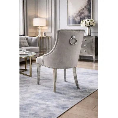 Modern Dark Grey Velvet Dining Chair with Ring Knocker and Chrome Legs