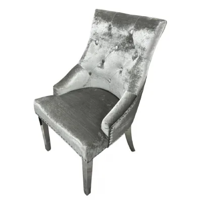 Luxury Silver Grey Shimmer Velvet Dining Chair with Ring Knocker and Chrome Legs