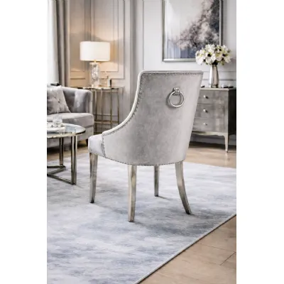 Modern Silver Grey Velvet Dining Chair with Ring Knocker and Chrome Legs