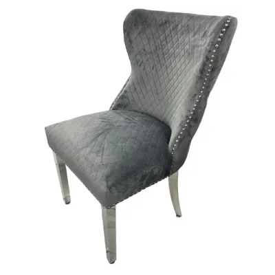 Luxury Plush Dark Grey Velvet Dining Chair with Lion Knocker and Chrome Legs