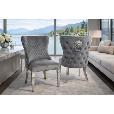 Modern Plush Dark Grey Velvet Dining Chair with Lion Knocker and Chrome Legs