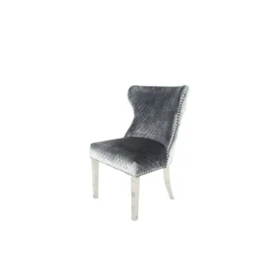 Luxury Plush Light Grey Velvet Dining Chair with Lion Knocker and Chrome Legs