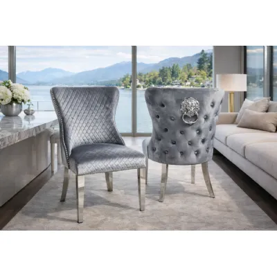Modern Light Grey Velvet Upholstered Dining Chair with Lion Knocker and Chrome Legs