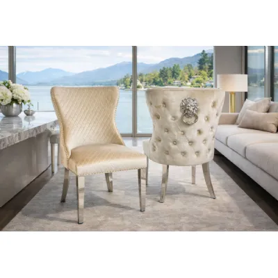 Modern Mink Velvet Upholstered Dining Chair with Lion Knocker and Chrome Legs