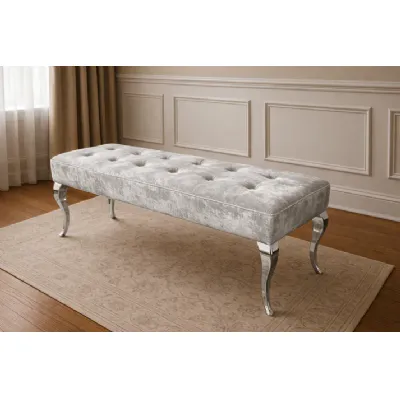 Luxury Silver Grey Shimmer Velvet Bench with Chrome Legs 160cm