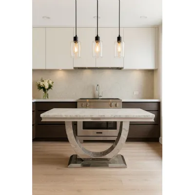 Luxury Grey Marble 2m Dining Table with Silver U Shaped Pedestal Base